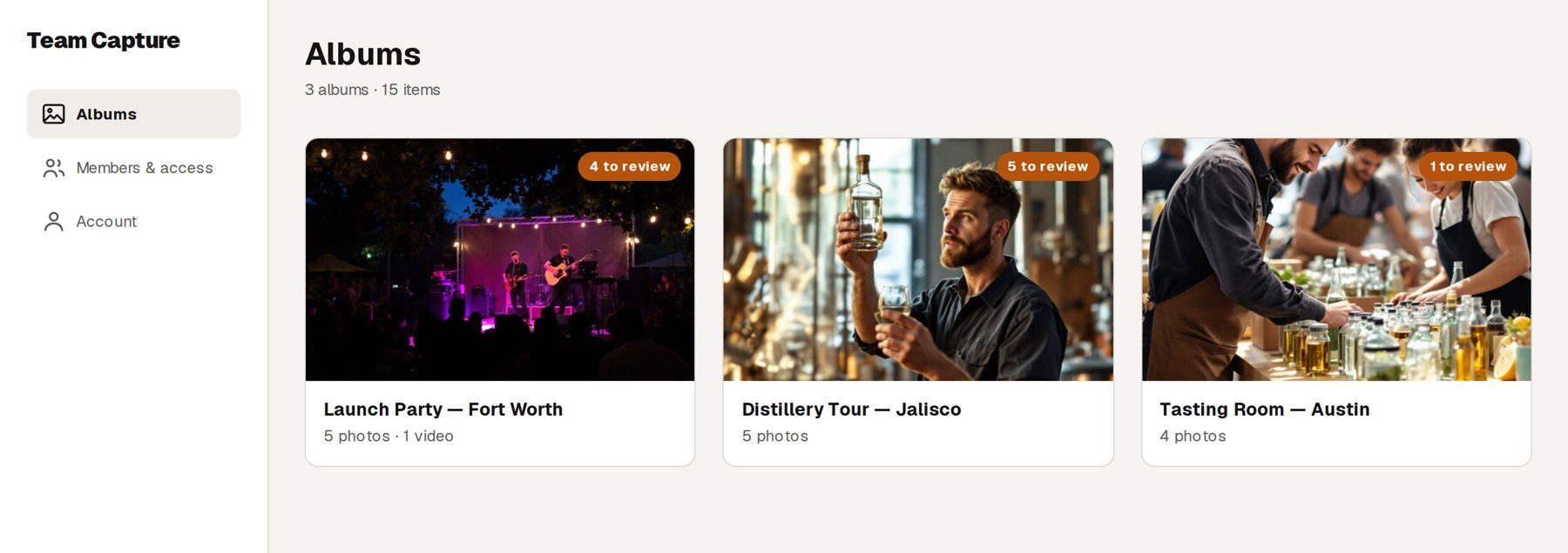 The Team Capture dashboard listing three event albums, each showing how many items are waiting to be reviewed