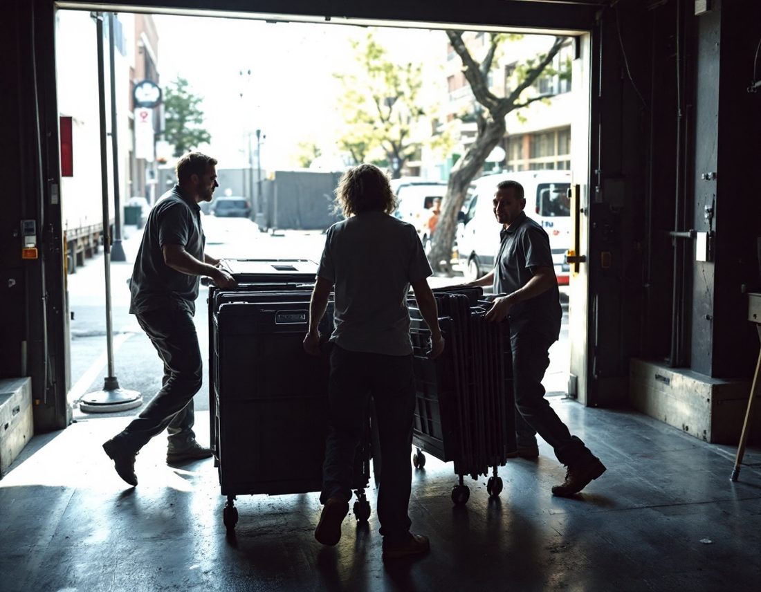Staff carrying equipment into a venue before an event
