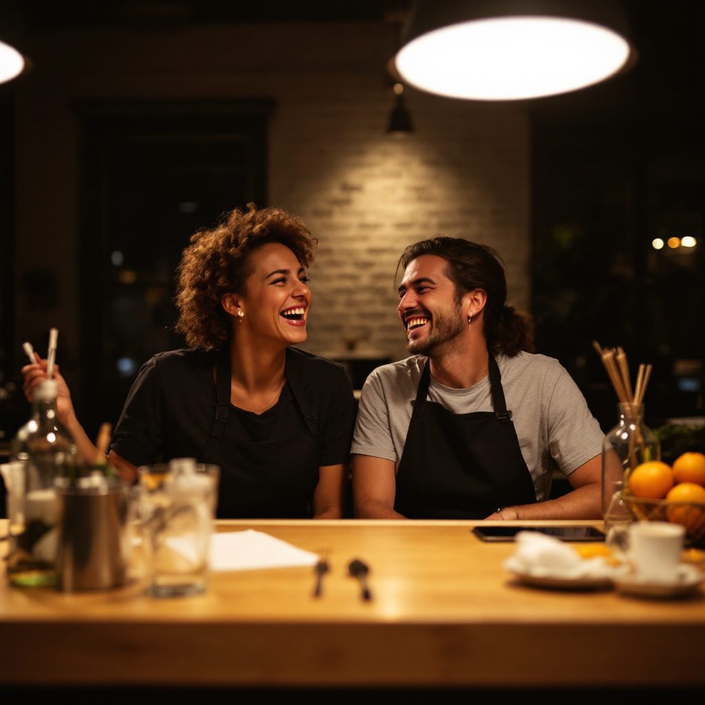 Staff laughing together at an event