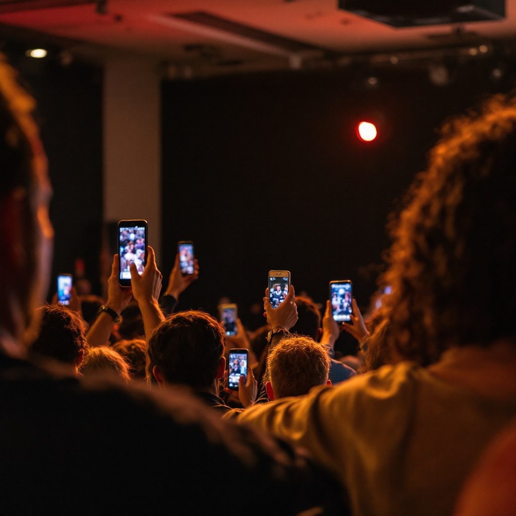 An audience holding phones up to record a stage